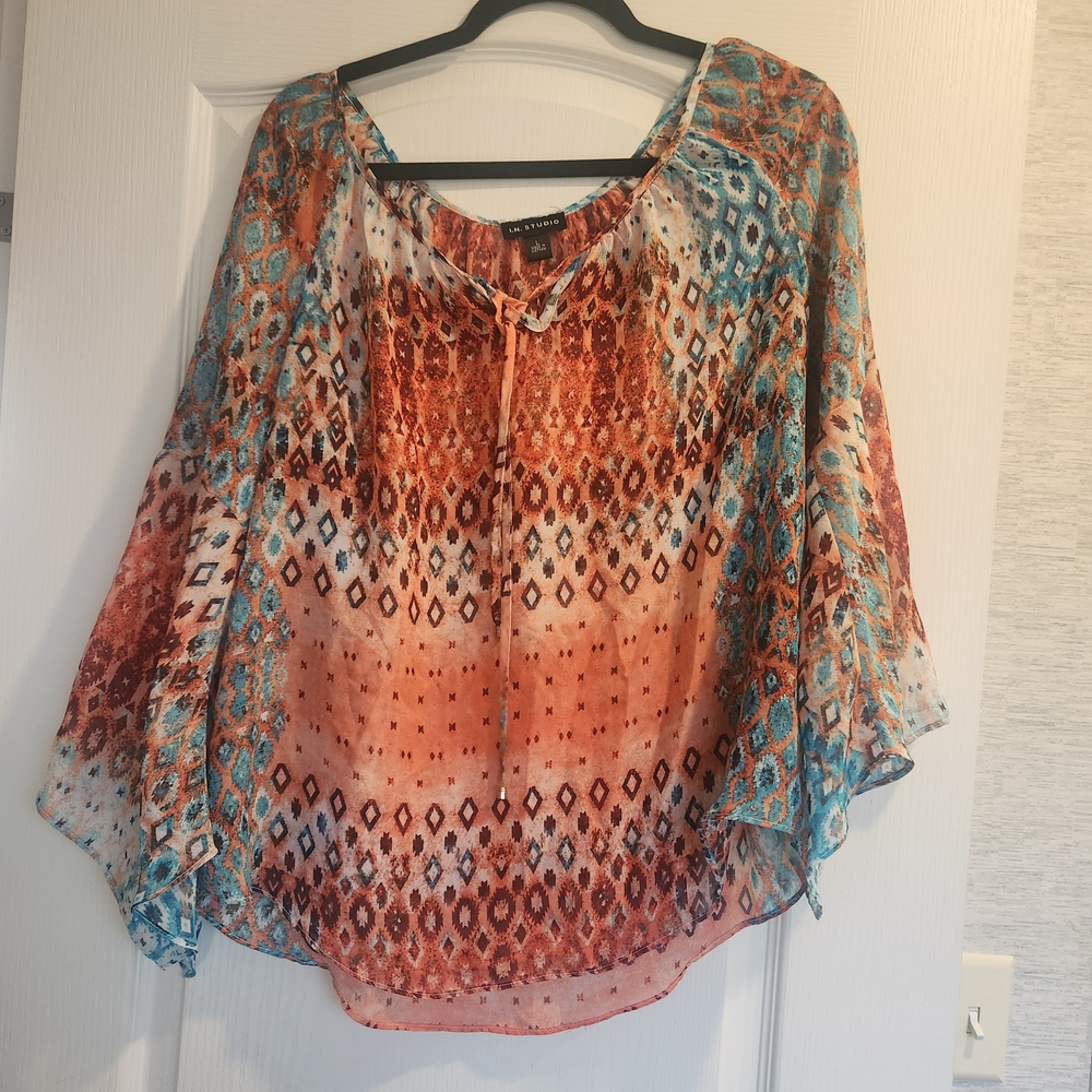 I.N. Studio Multicolor Blouse - Turquoise & Rust Size L Euc